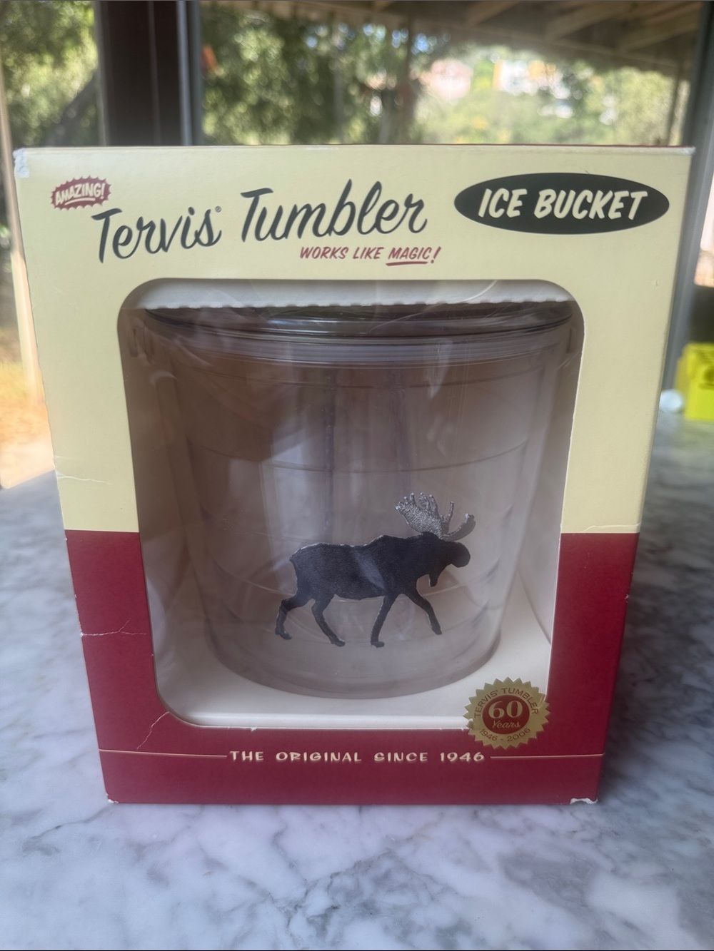 Tervis Tumbler ice bucket & tongs, with moose design, vintage in box, NWT